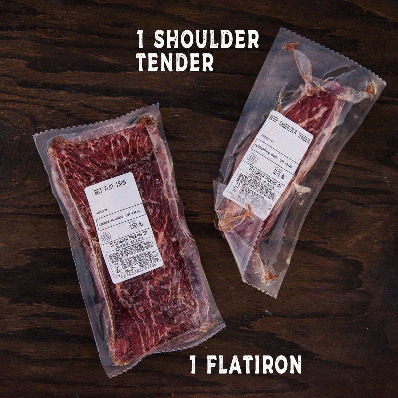 Grass Fed (not certified organic) Sixteenth with Flatiron, Shoulder Tender Steaks, Top Sirloin Steaks